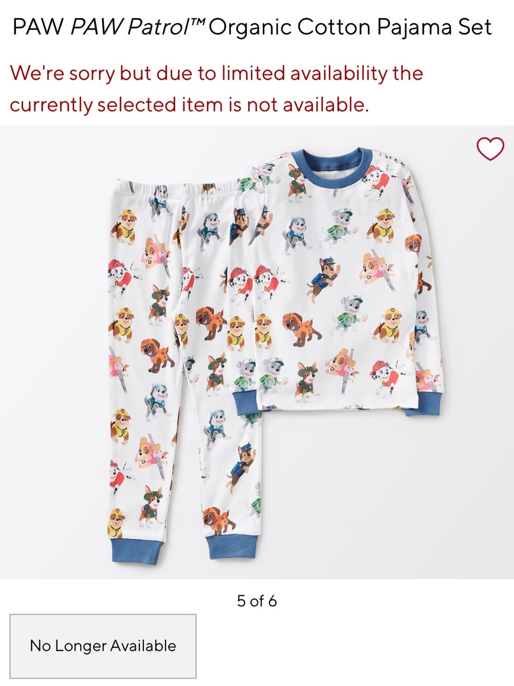 Pottery Barn Kids Paw Patrol White Organic Cotton Kids Pajamas